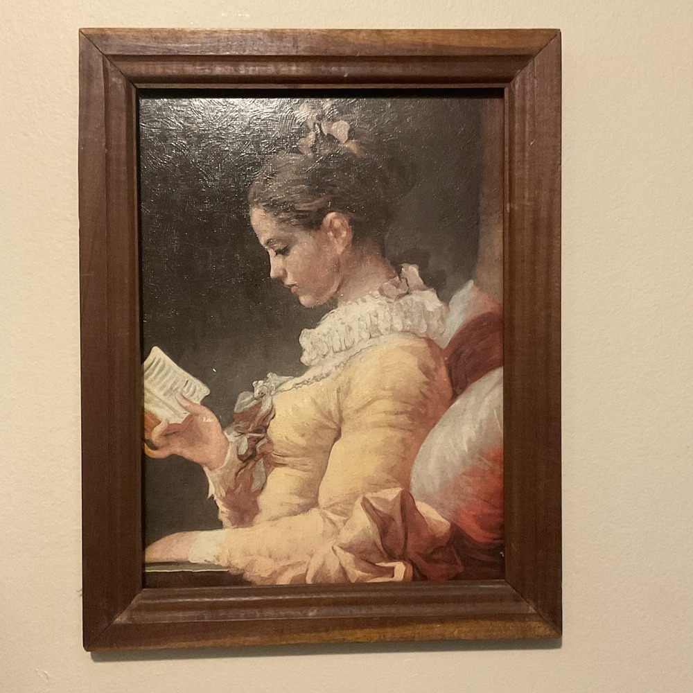 Vtg Young Girl Reading by Jean-Honore Fragonard ‎ Print 11x14 Brown Wood Frame